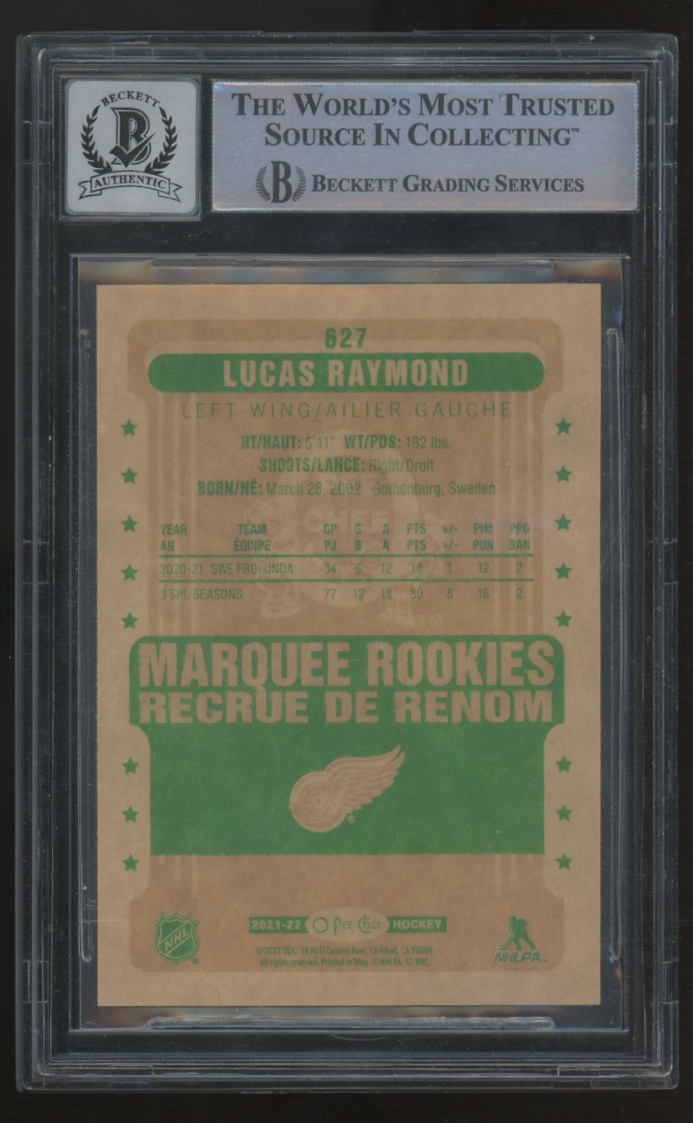 2021-22 O-Pee-Chee Retro Lucas Raymond RC Signed Auto #627 BGS Auto Authentic 10