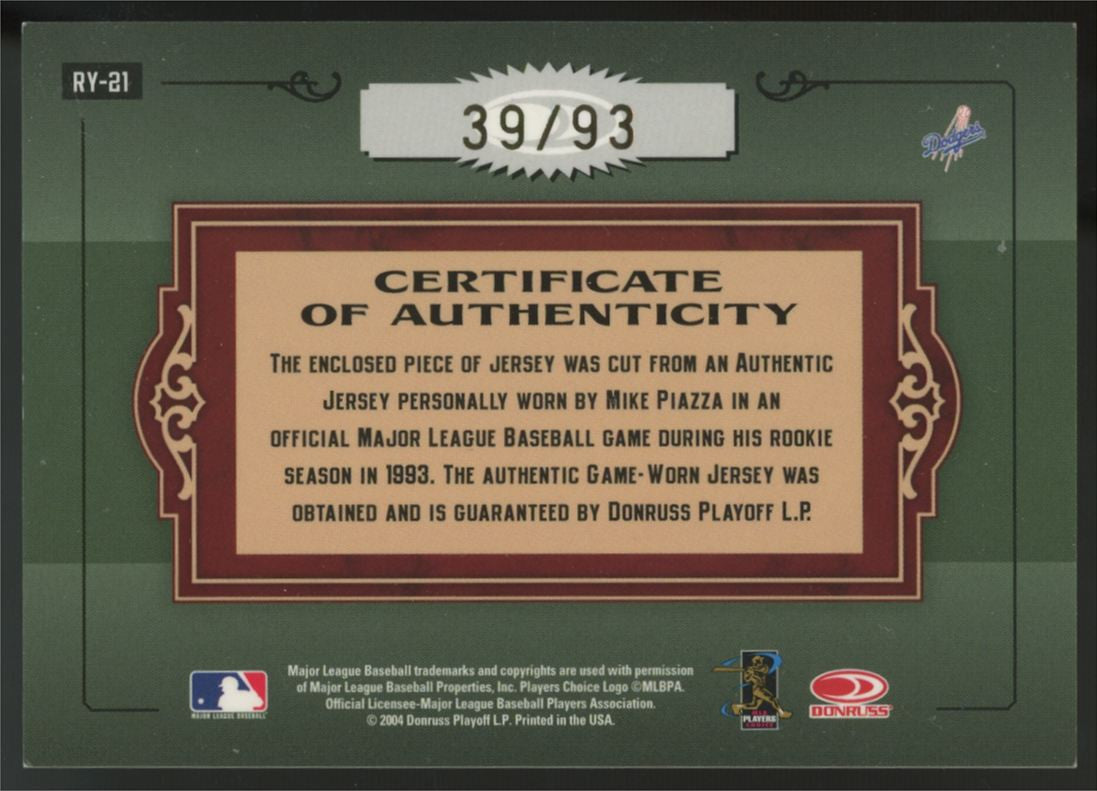 2004 Timeless Treasures Mike Piazza Rookie Year Patch /93 #RY-21