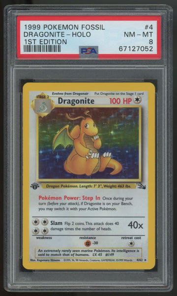 1999 Pokemon Dragonite 1st Edition Fossil Holo #4 PSA 8