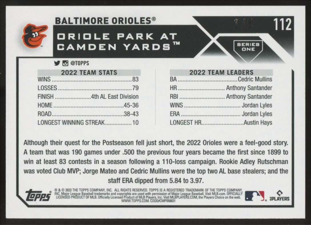 2023 Topps Series One 1st Edition Baltimore Orioles Team Card Light Blue Foil /5