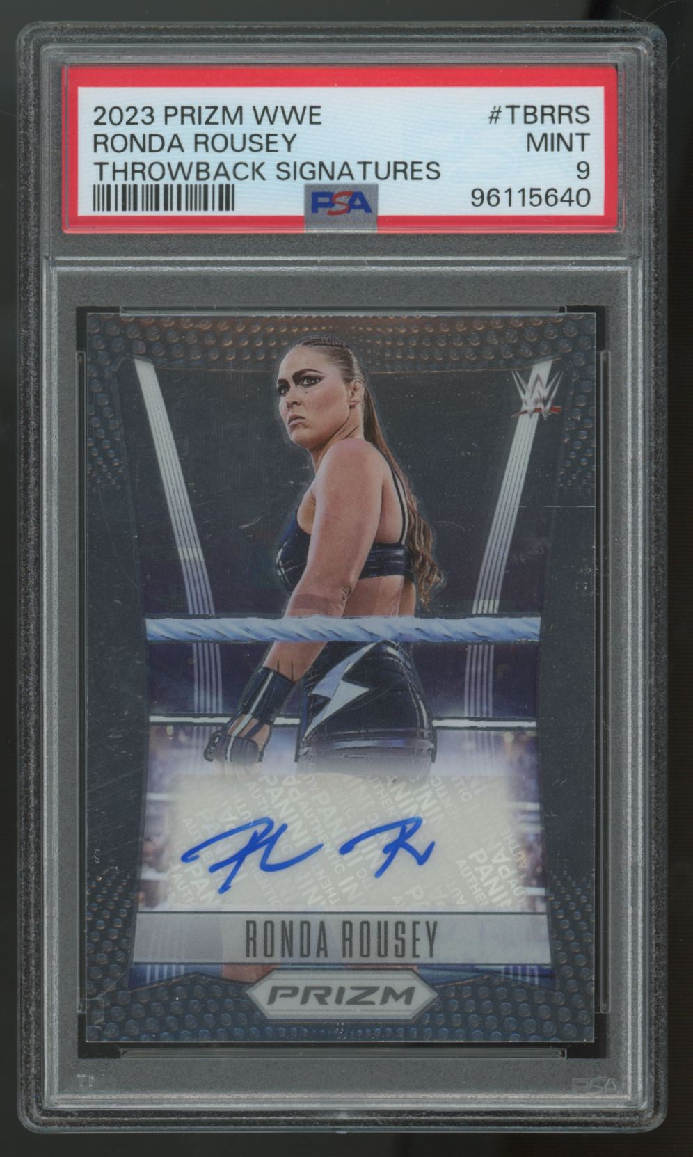 2023 Panini Prizm WWE Ronda Rousey Throwback Signatures Auto #TB-RRS PSA 9
