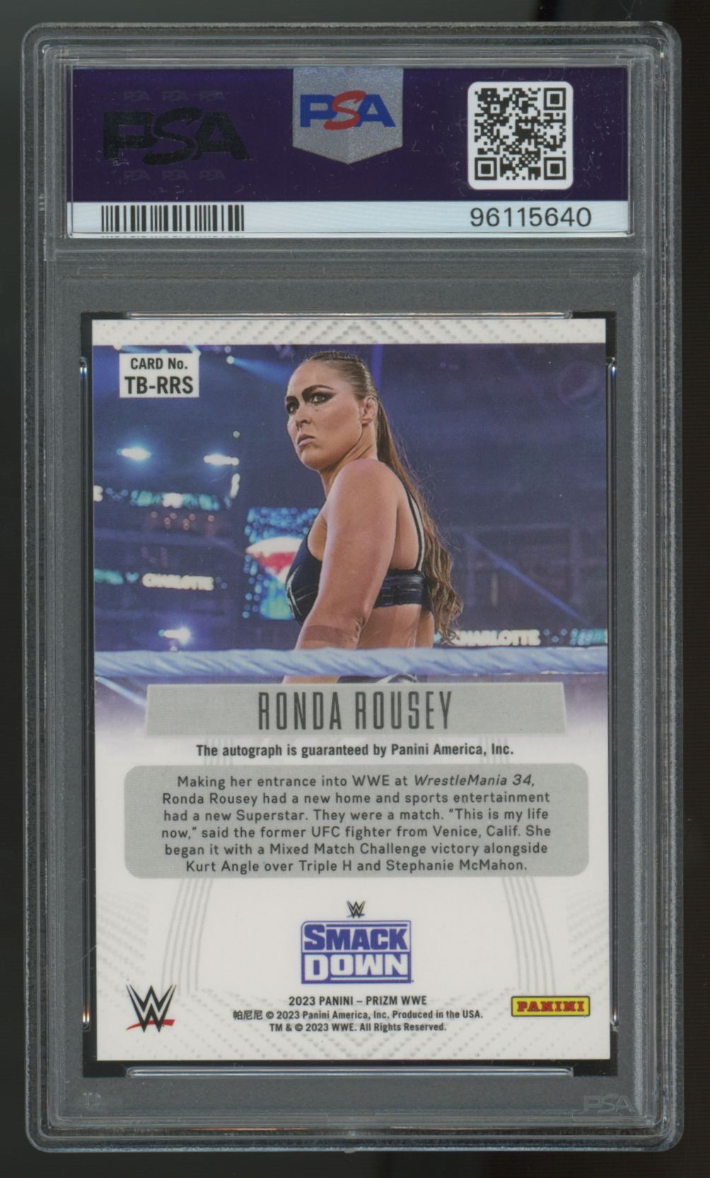 2023 Panini Prizm WWE Ronda Rousey Throwback Signatures Auto #TB-RRS PSA 9