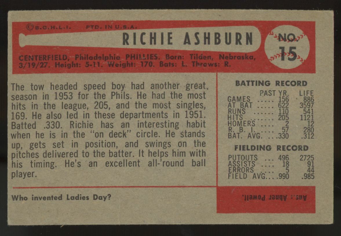 1954 Bowman Richie Ashburn #15 VG/EX "A"