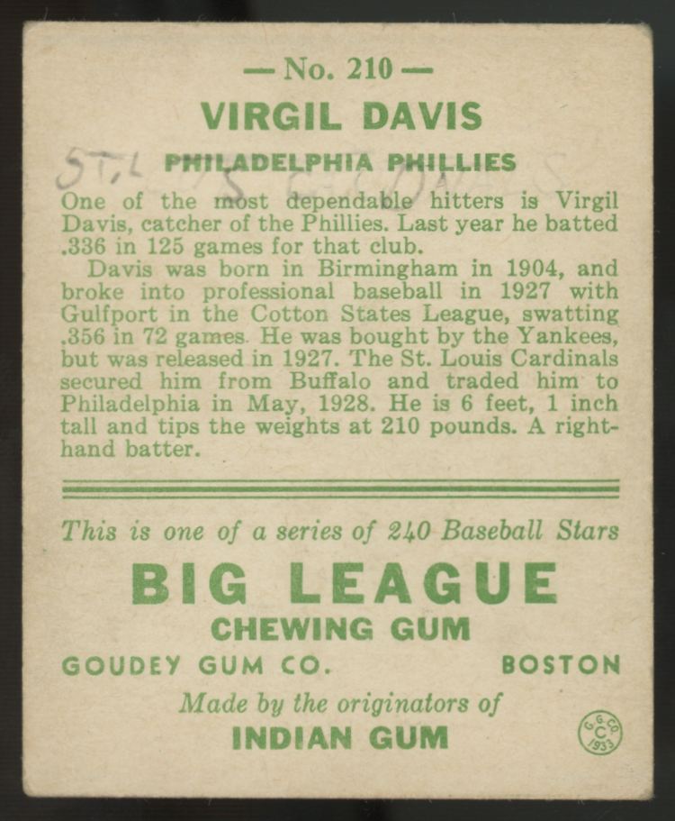 1933 Goudey Virgil Davis #210 Poor (Writing)