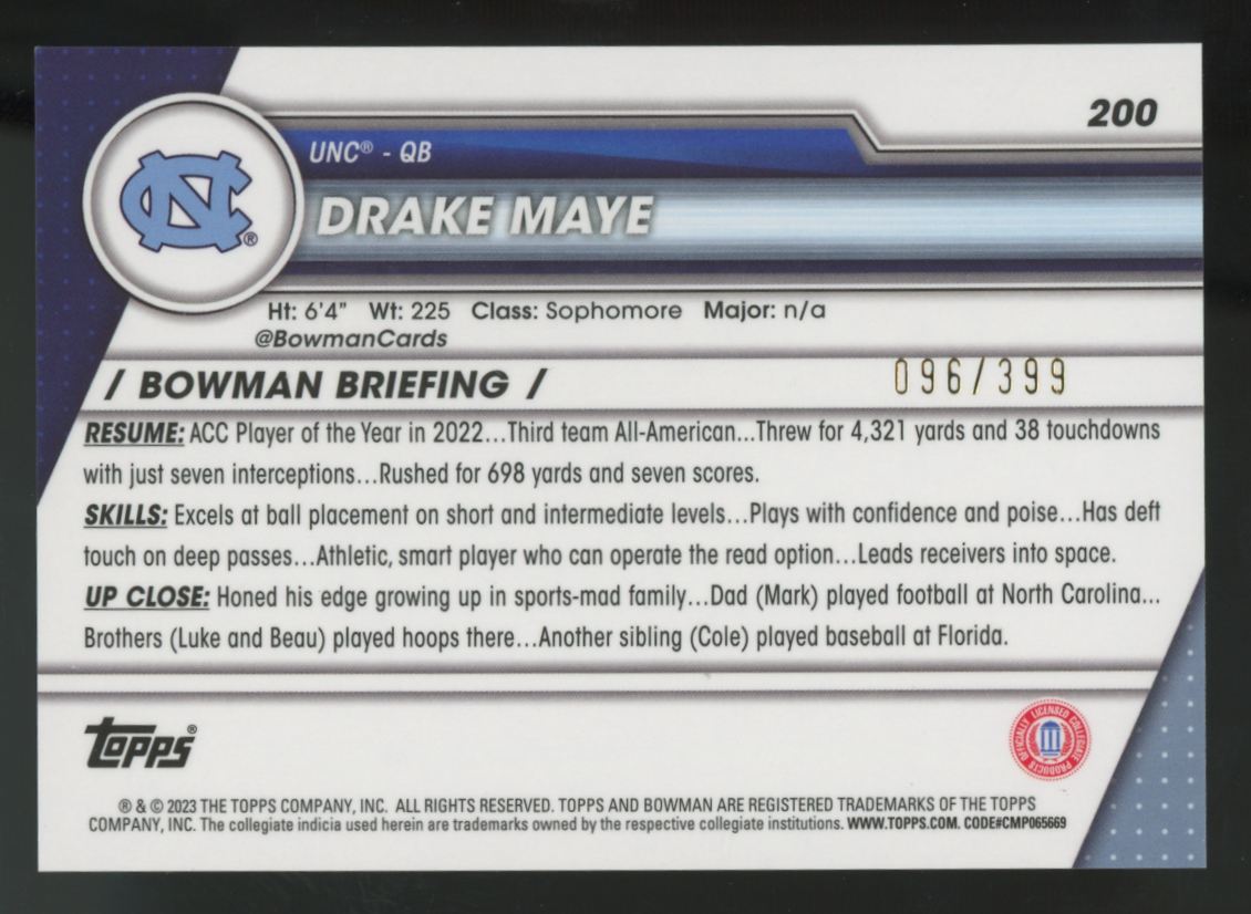 2023 Bowman Chrome U Drake Maye 1st Purple Mini-Diamond Refractor /399 #200