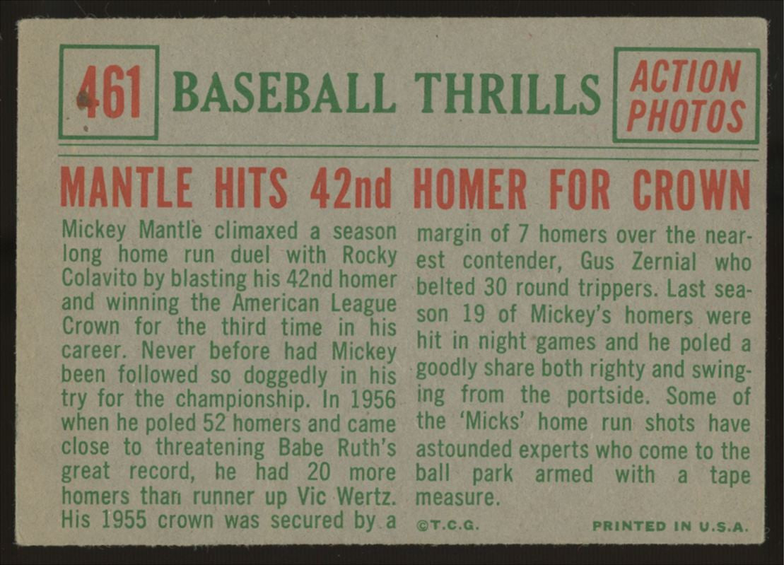 1959 Topps Baseball Thrills Mickey Mantle Hits 42nd Homer For Crown #461 VG/EX