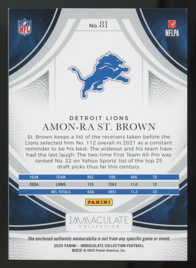 2025 Panini Immaculate Collection Amon-Ra St. Brown Patch /99 #81