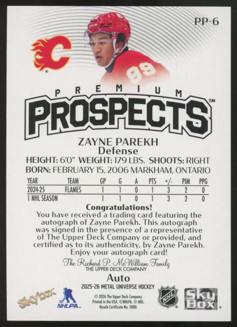 2025-26 Skybox Metal Zayne Parekh Premium Prospects Auto #PP-6