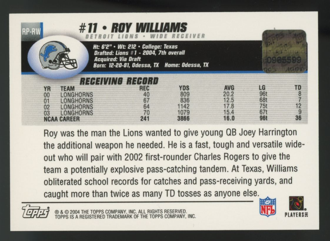 2004 Topps Rookie Premiere Roy Williams RC Auto #RP-RW