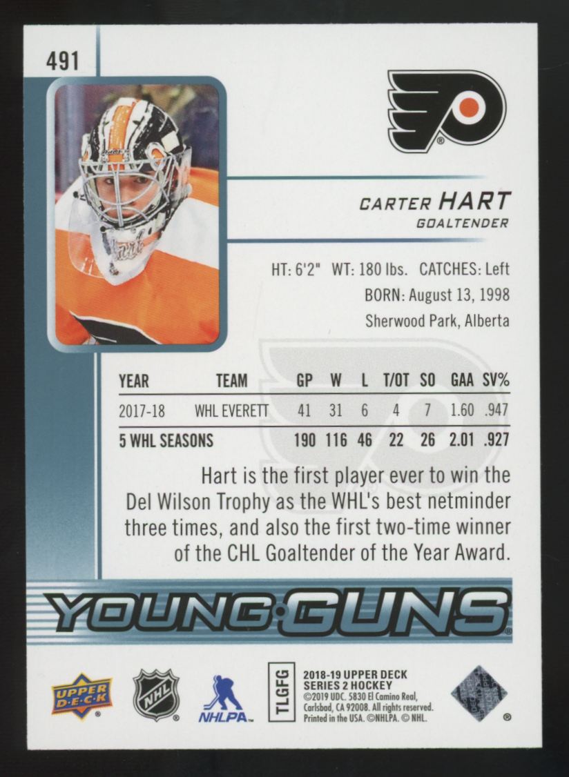 2018-19 Upper Deck Series Two Carter Hart RC Young Guns #491
