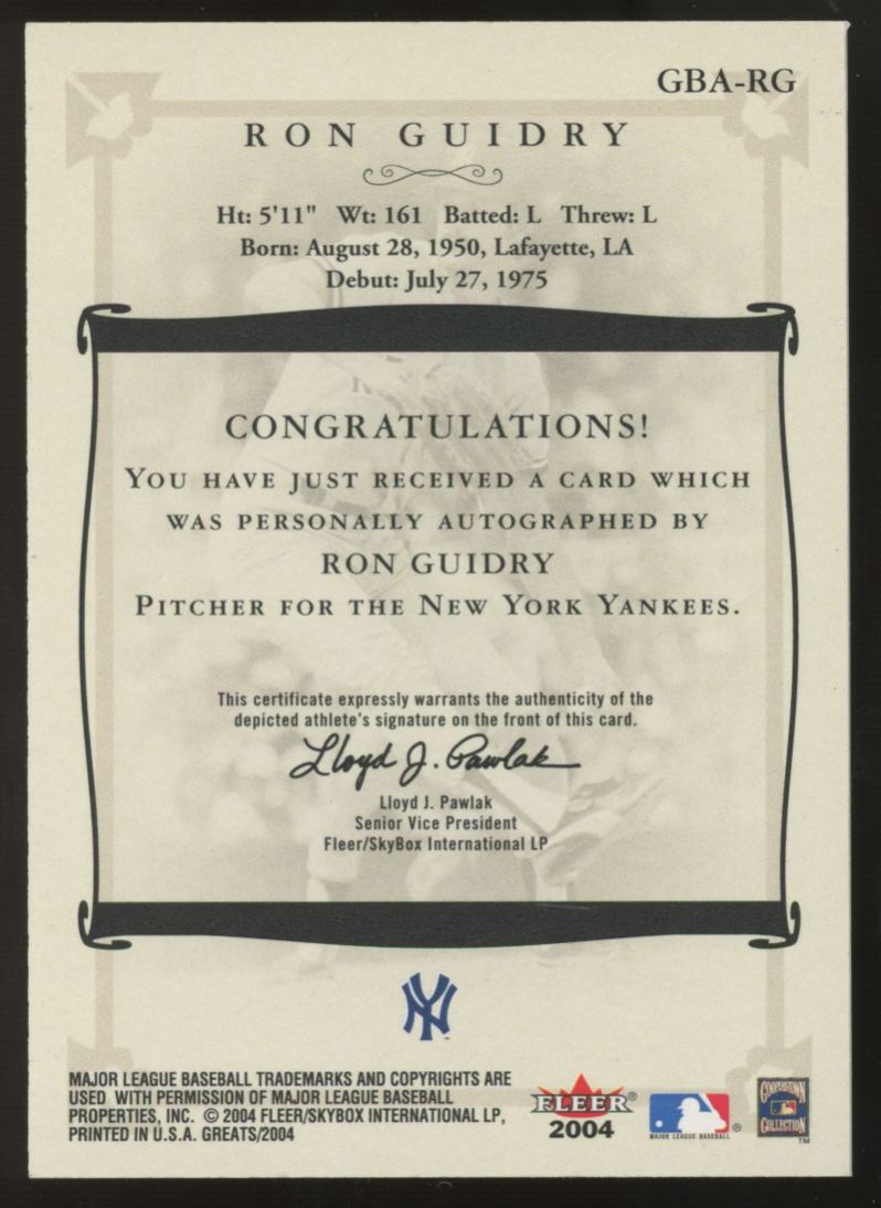 2004 Fleer Greats Ron Guidry Auto #GBA-RG