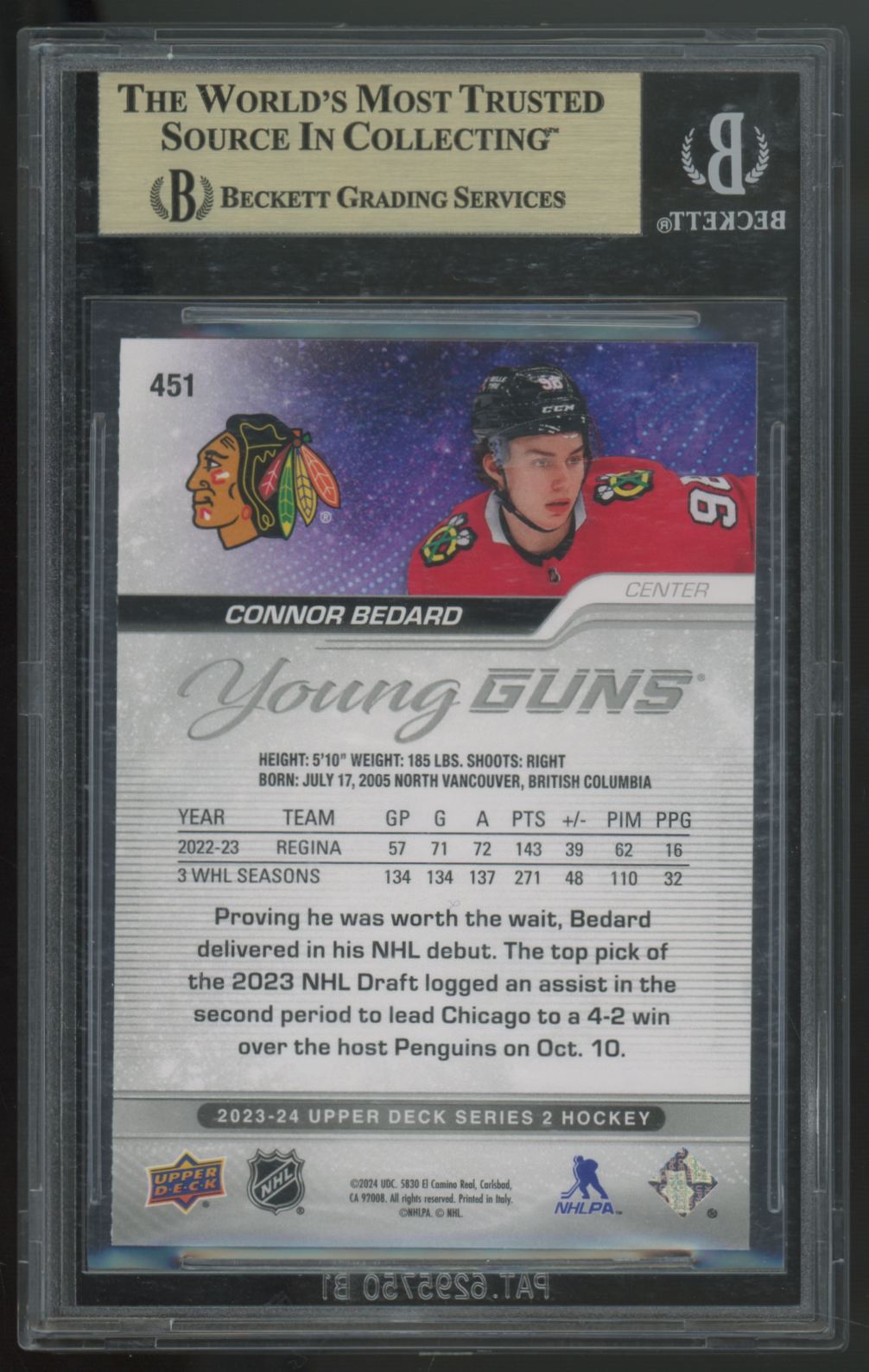 2023-24 Upper Deck Series Two Connor Bedard RC Young Guns #451 BGS 9.5