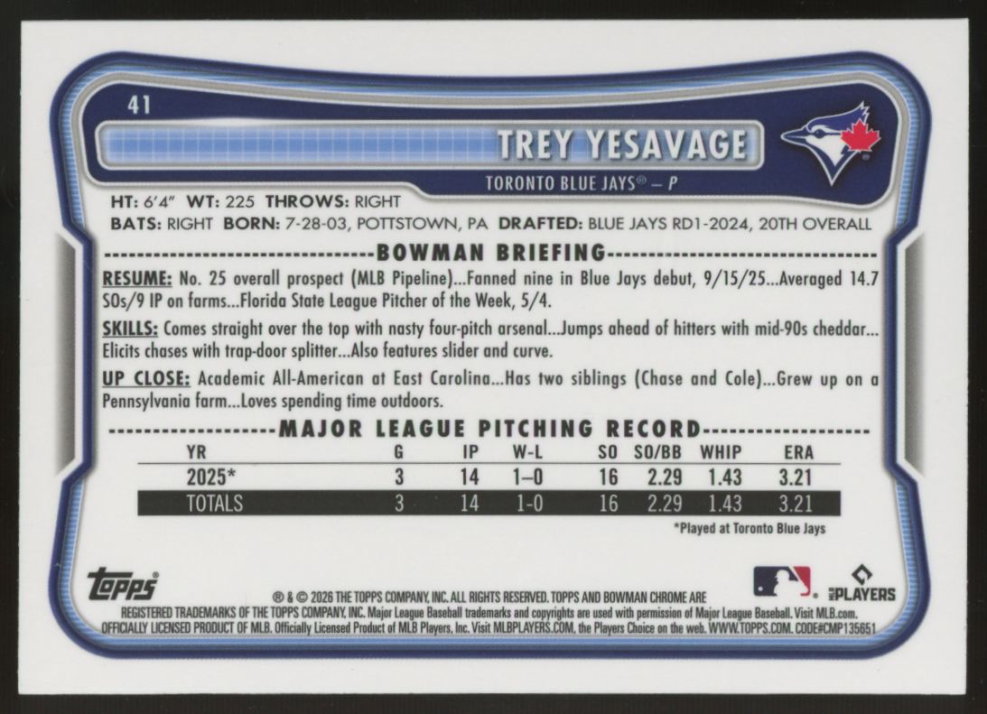 2026 Bowman Mega Trey Yesavage Chrome Purple /250 #41