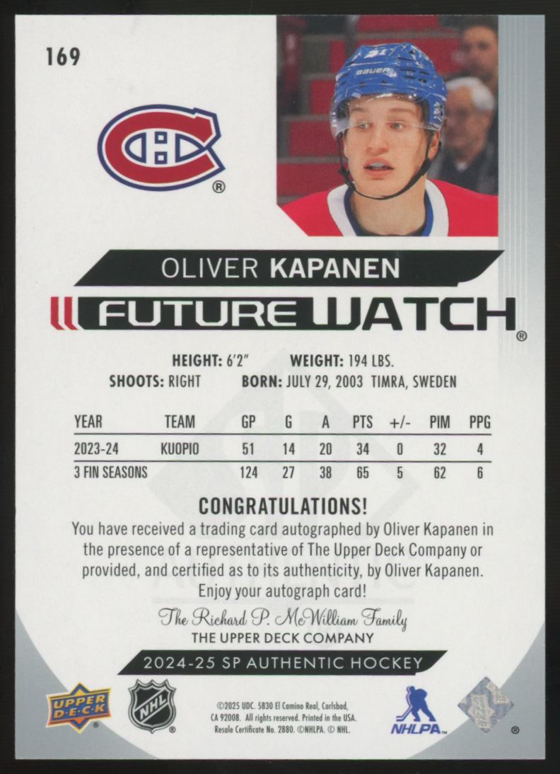 2024-25 Upper Deck SP Authentic Oliver Kapanen RC Future Watch Auto /999 #169