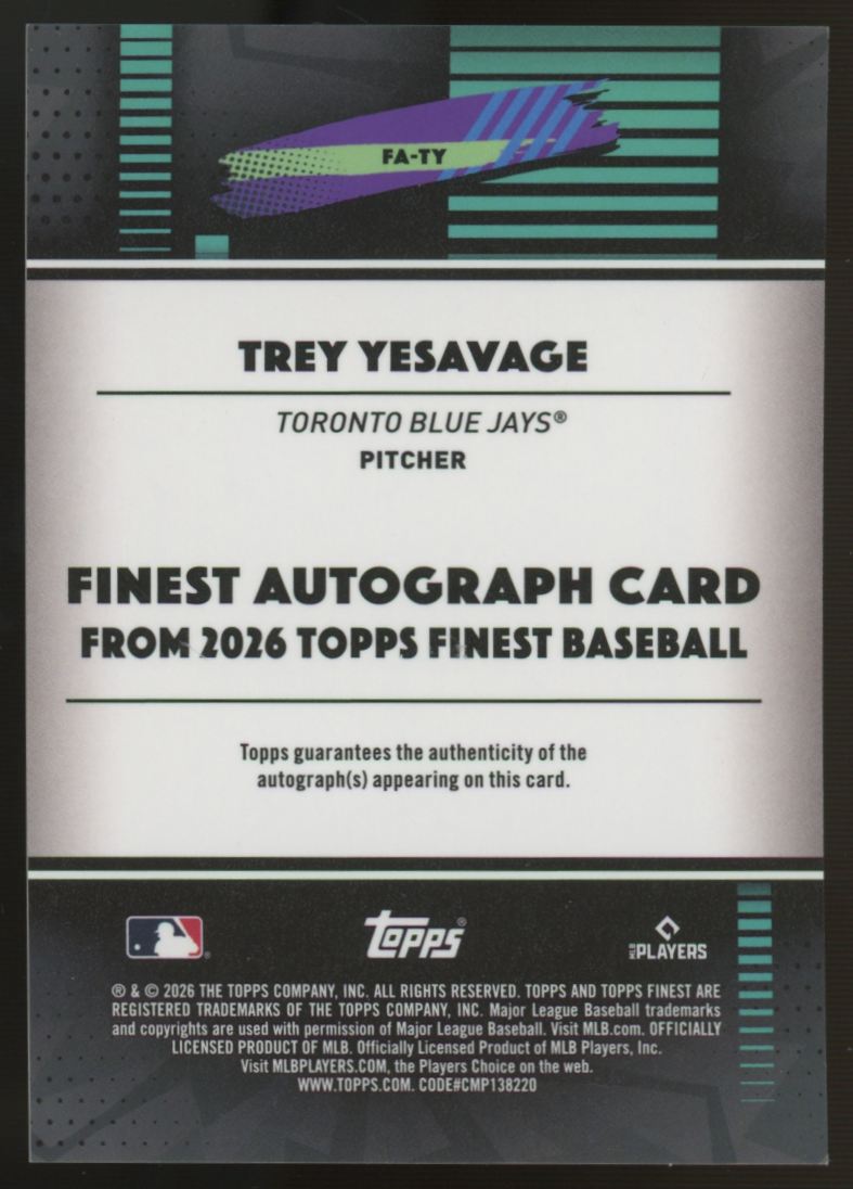 2026 Topps Finest Trey Yesavage RC Purple Auto /75 #FA-TY
