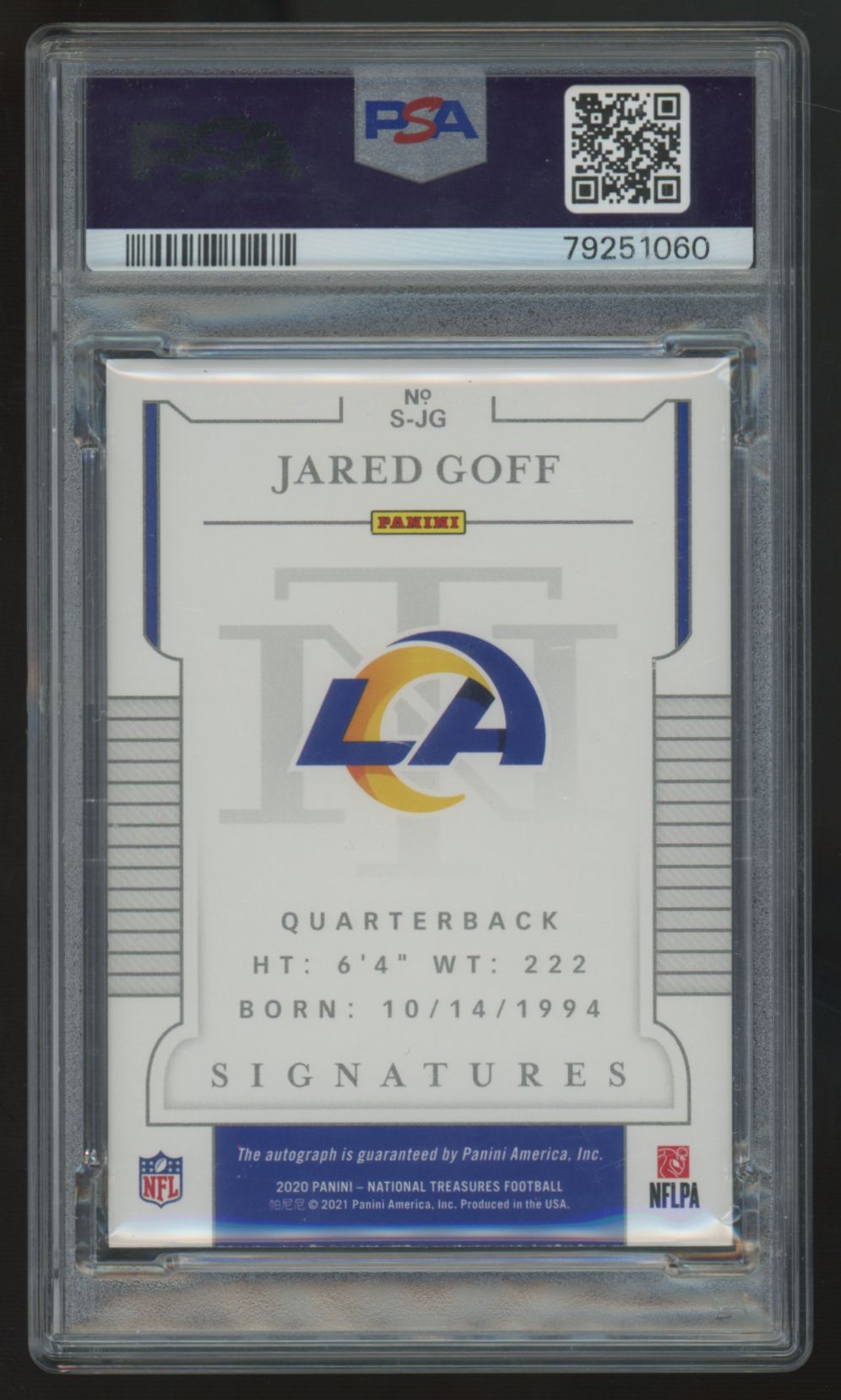 2020 National Treasures Jared Goff Auto /15 #S-JG PSA 9