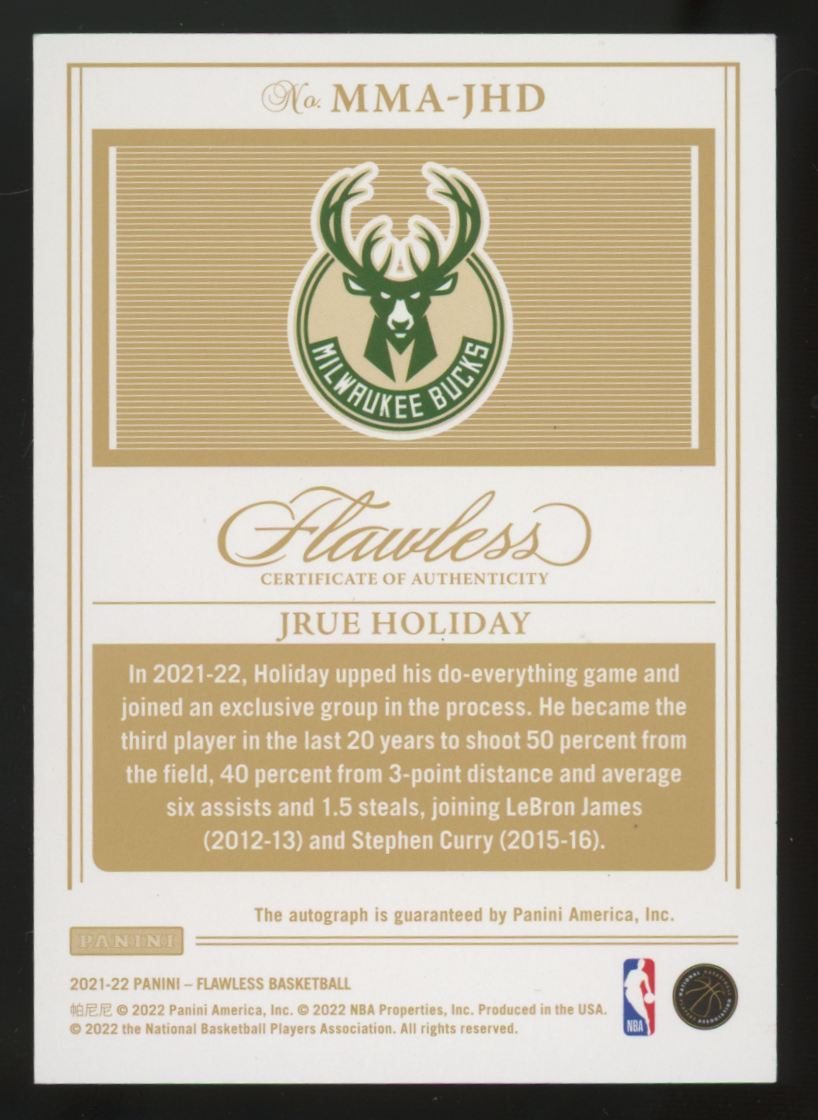 2021-22 Panini Flawless Jrue Holiday Momentous Gold Auto /10 #MMA-JHD