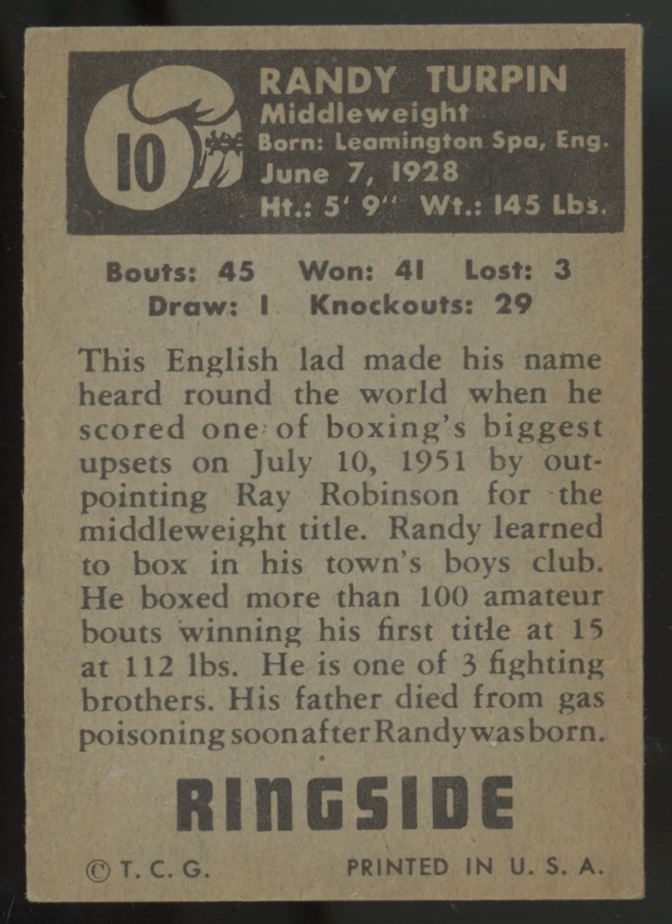 1951 Topps Ringside Randy Turpin #10 G/VG (Wrinkle)