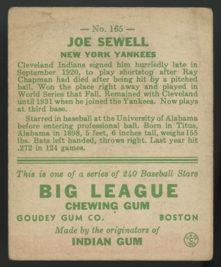 1933 Goudey Joe Sewell #165 G/VG