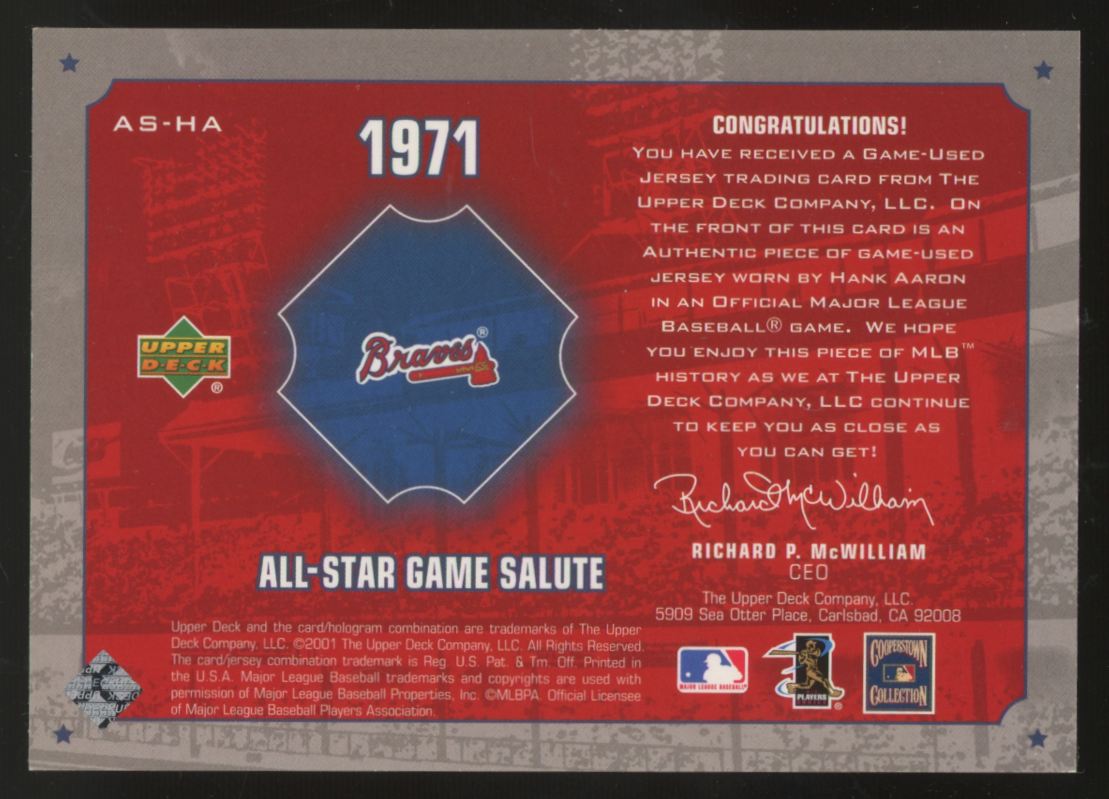 2001 Upper Deck Hank Aaron 1971 All-Star Game Salute Patch #AS-HA (Crease)
