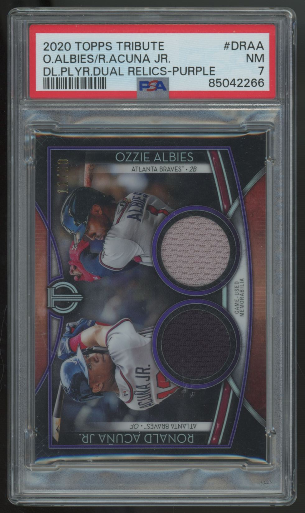 2020 Topps Tribute Ozzie Albies/ Ronald Acuna Jr. Purple Dual Patch /50 PSA 7