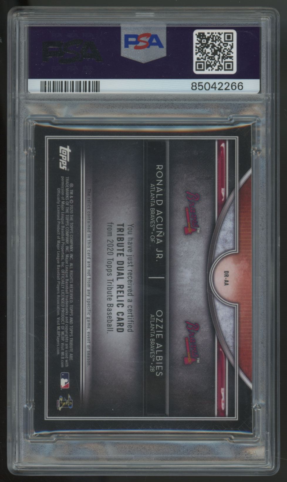 2020 Topps Tribute Ozzie Albies/ Ronald Acuna Jr. Purple Dual Patch /50 PSA 7