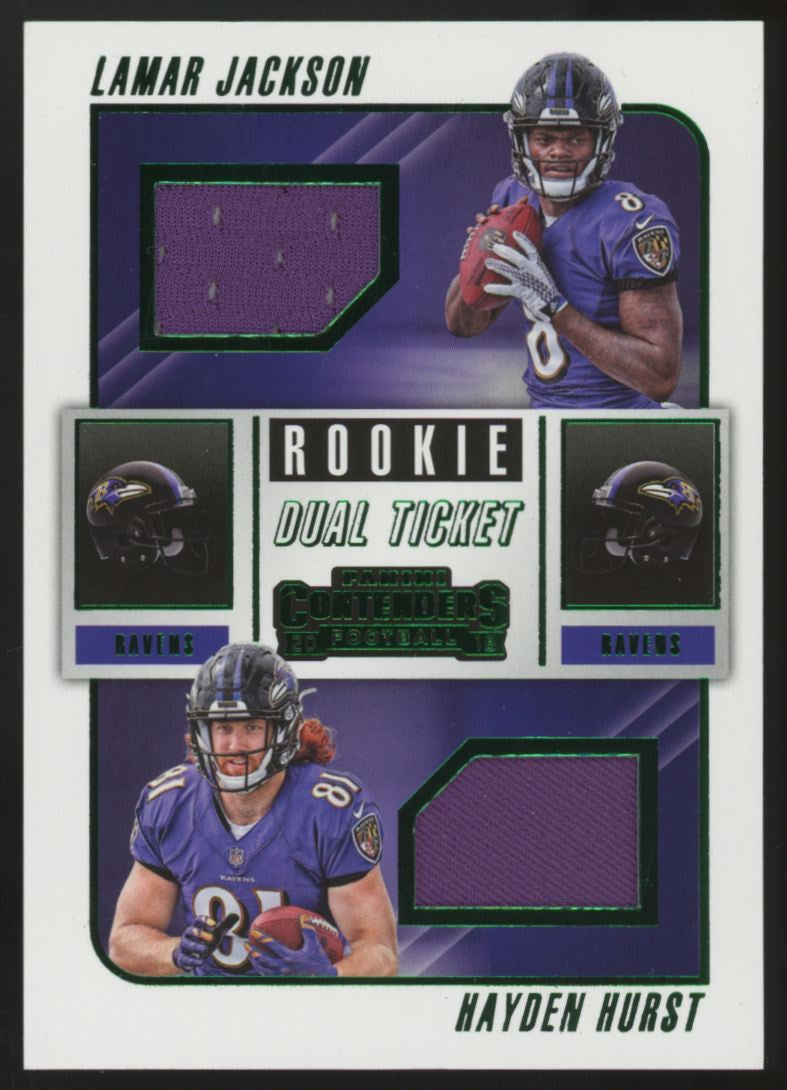 2018 Panini Contenders Lamar Jackson/Hayden Hurst RC Rookie Dual Ticket Patch