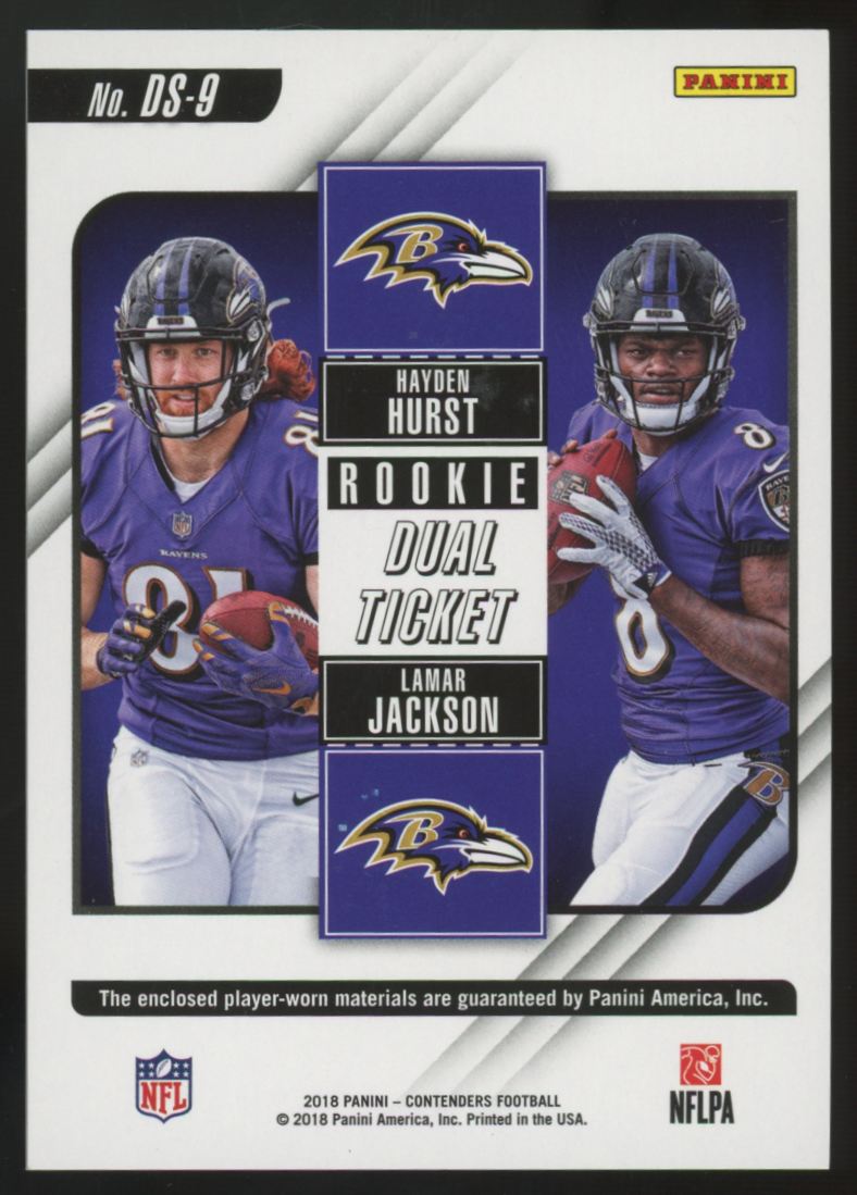 2018 Panini Contenders Lamar Jackson/Hayden Hurst RC Rookie Dual Ticket Patch