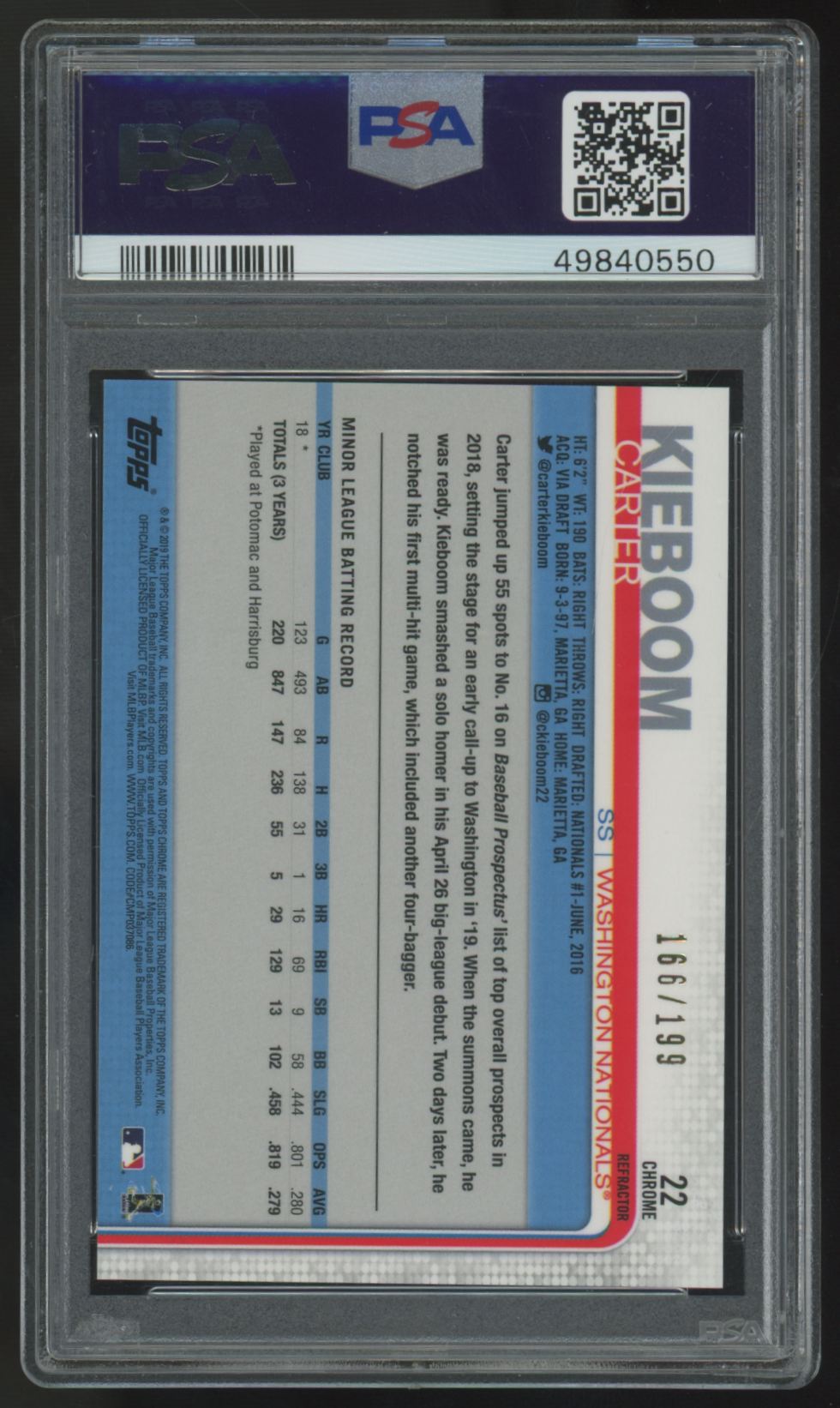 2019 Topps Chrome Update Carter Kieboom RC X-Fractor /199 #22 PSA 10