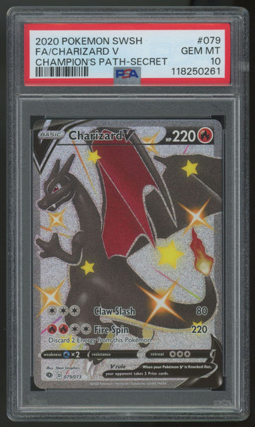 2020 Pokemon Charizard V Champion's Path Full Art Secret #079 PSA 10 (B)