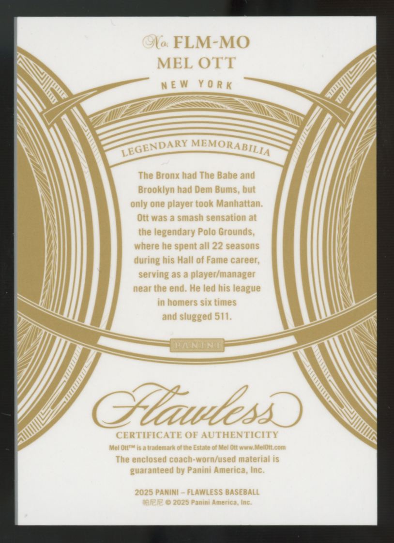 2025 Panini Flawless Mel Ott Sapphire Legendary Patch /15 #FLM-MO