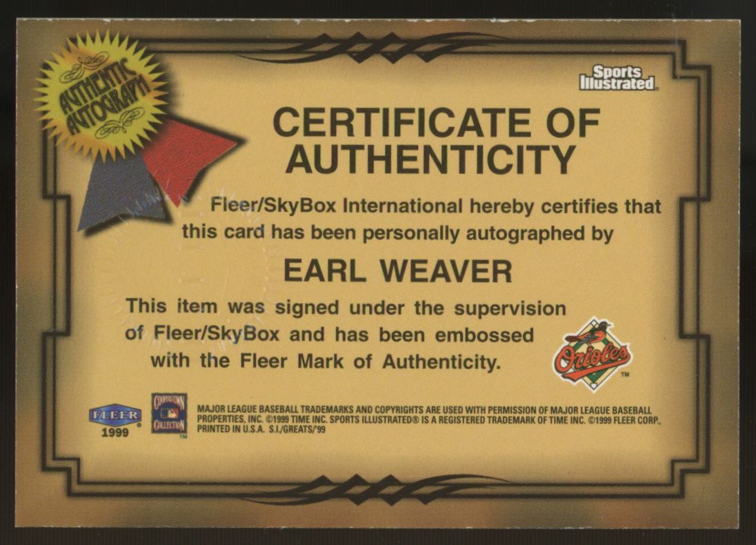 1999 Fleer Earl Weaver Sports Illustrated Auto
