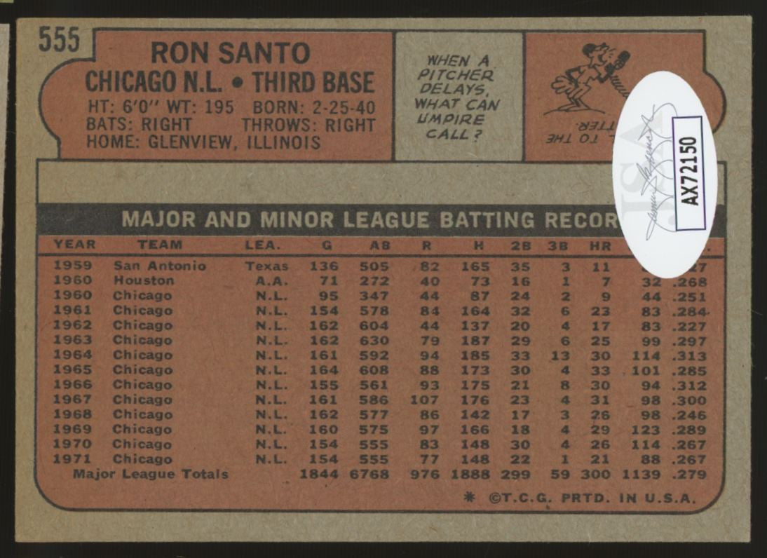 1972 Topps Ron Santo #555 Signed Autographed Card JSA