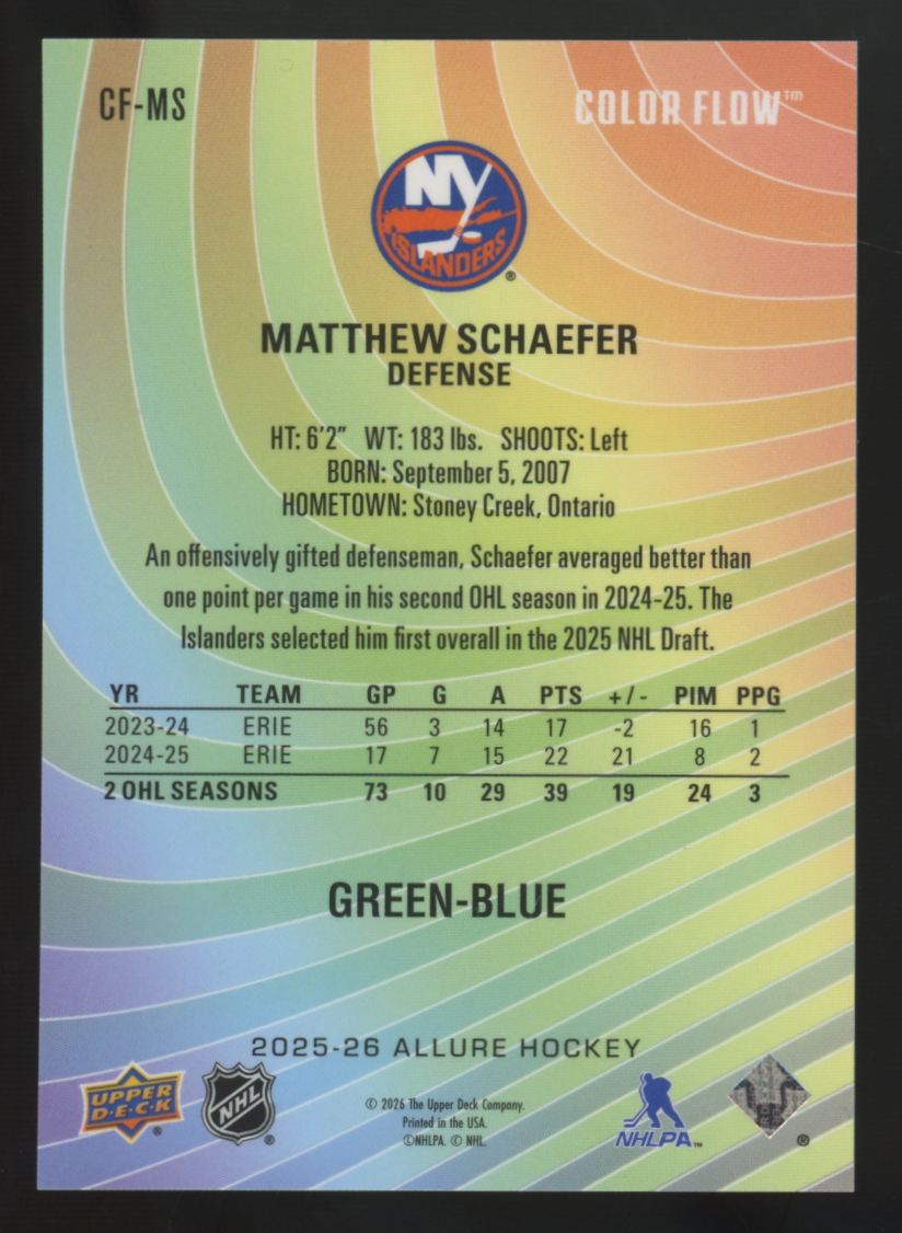 2025-26 Upper Deck Allure Matthew Schaefer RC Green-Blue Color Flow #CF-MS