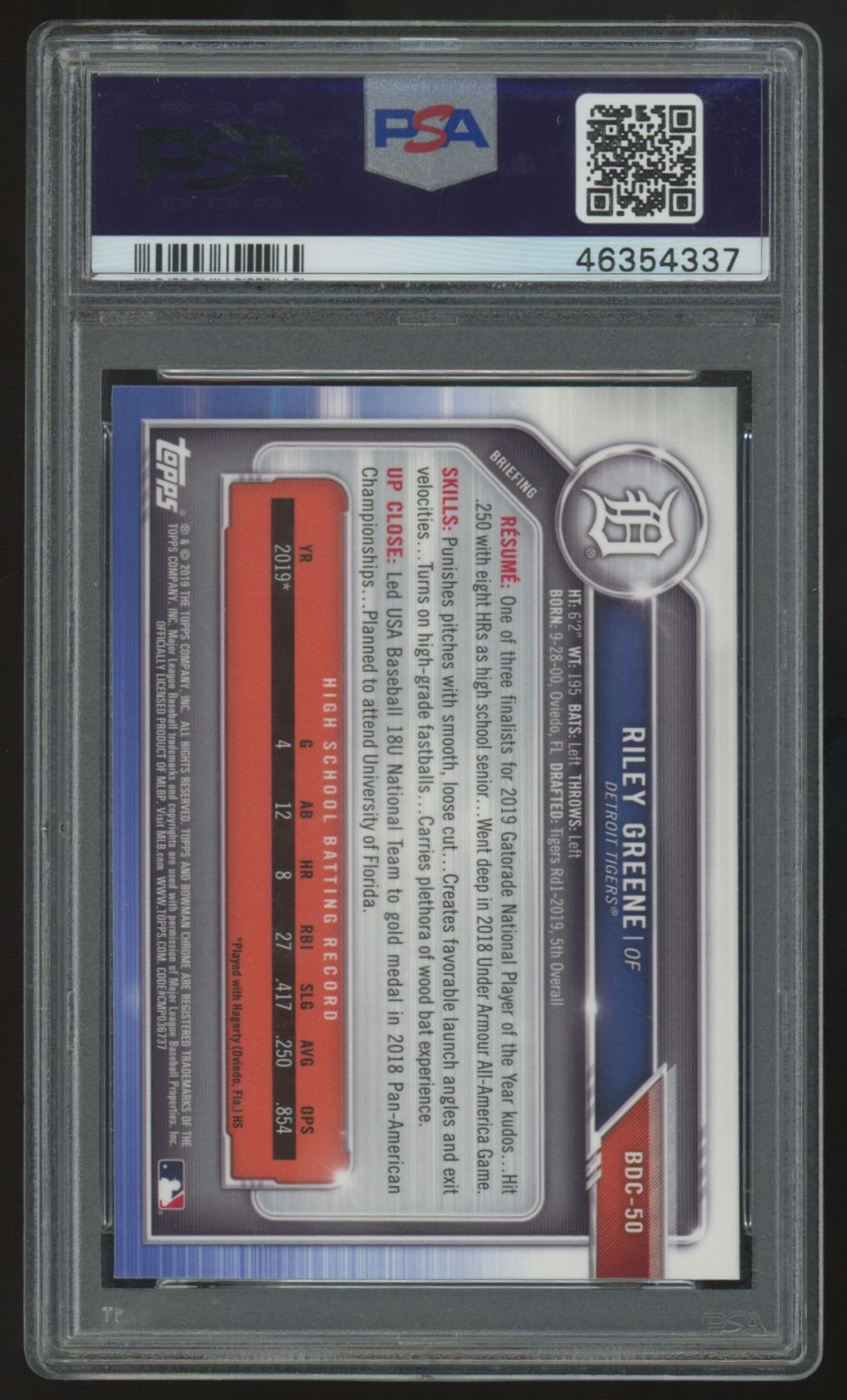 2019 Bowman Draft Riley Greene 1st Chrome - With Bat #BDC-50 PSA 10