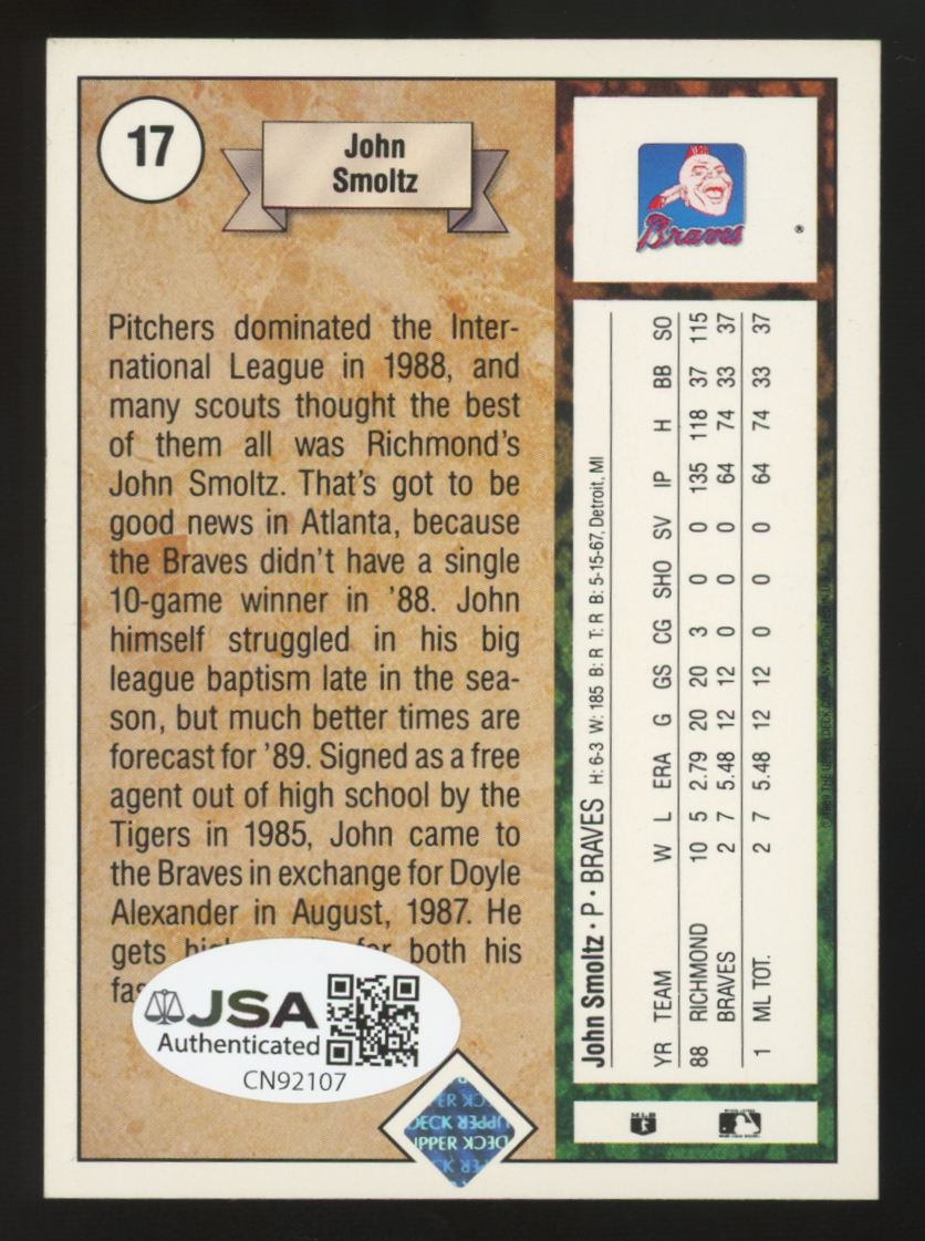 1989 Upper Deck John Smoltz RC Signed Autograph #17 JSA Authentic