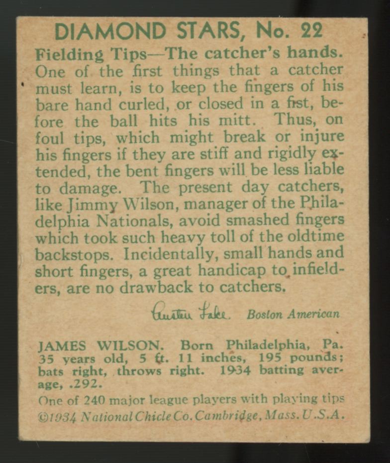 1934 National Chicle Jimmy Wilson Diamond Stars #22 EX+