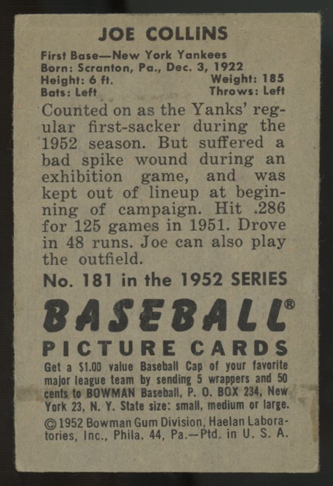 1952 Bowman Joe Collins #181 VG/EX