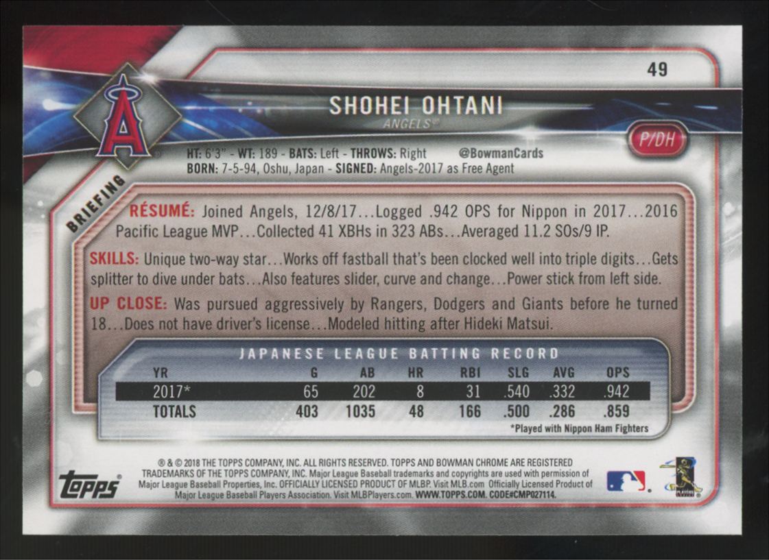 2018 Bowman Shohei Ohtani RC #49 "E"