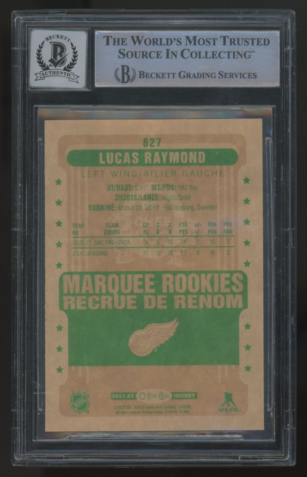 2021-22 O-Pee-Chee Lucas Raymond RC Retro Marquee Signed Auto #627 BGS Auto 10