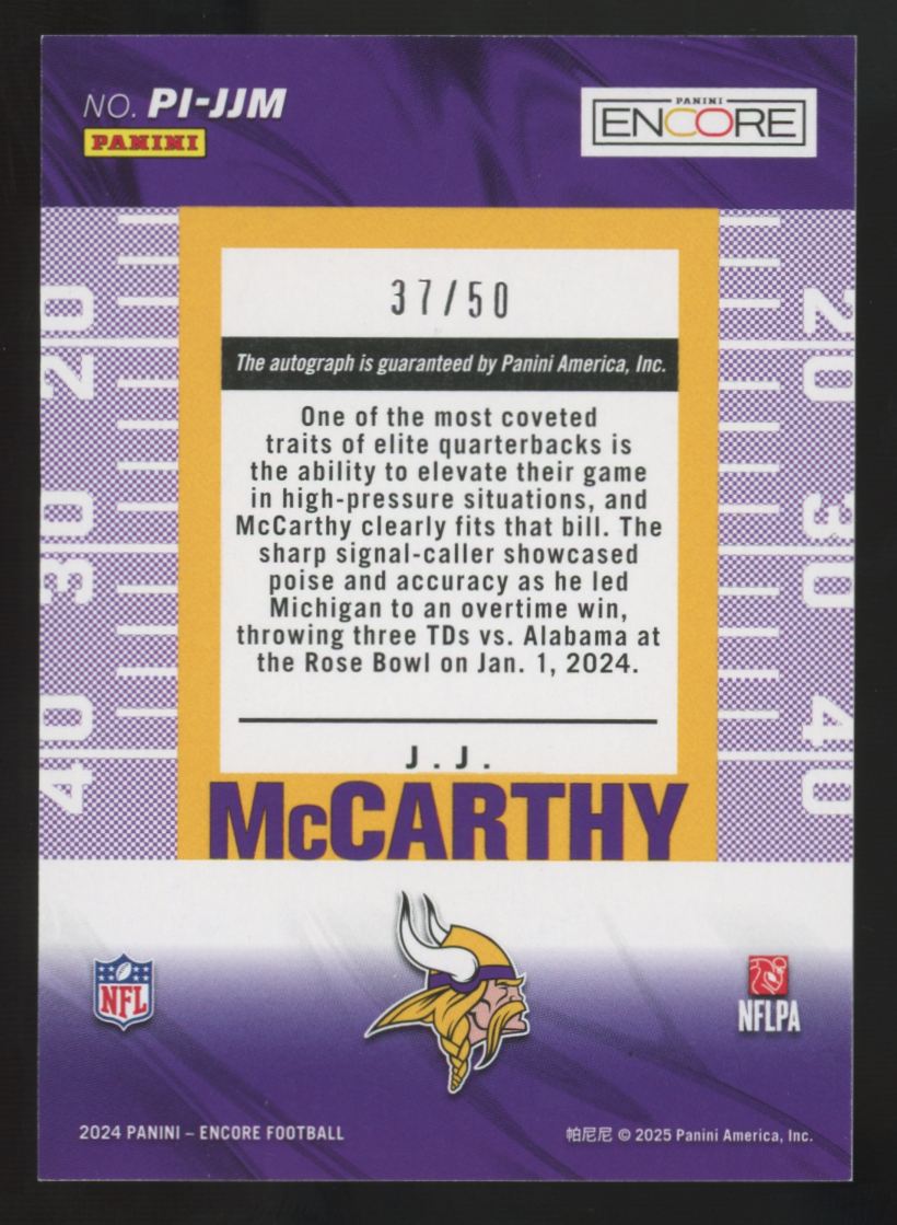 2024 Panini Encore J.J. McCarthy RC Red Pinnacle Inscriptions Auto /50 #PI-JJM