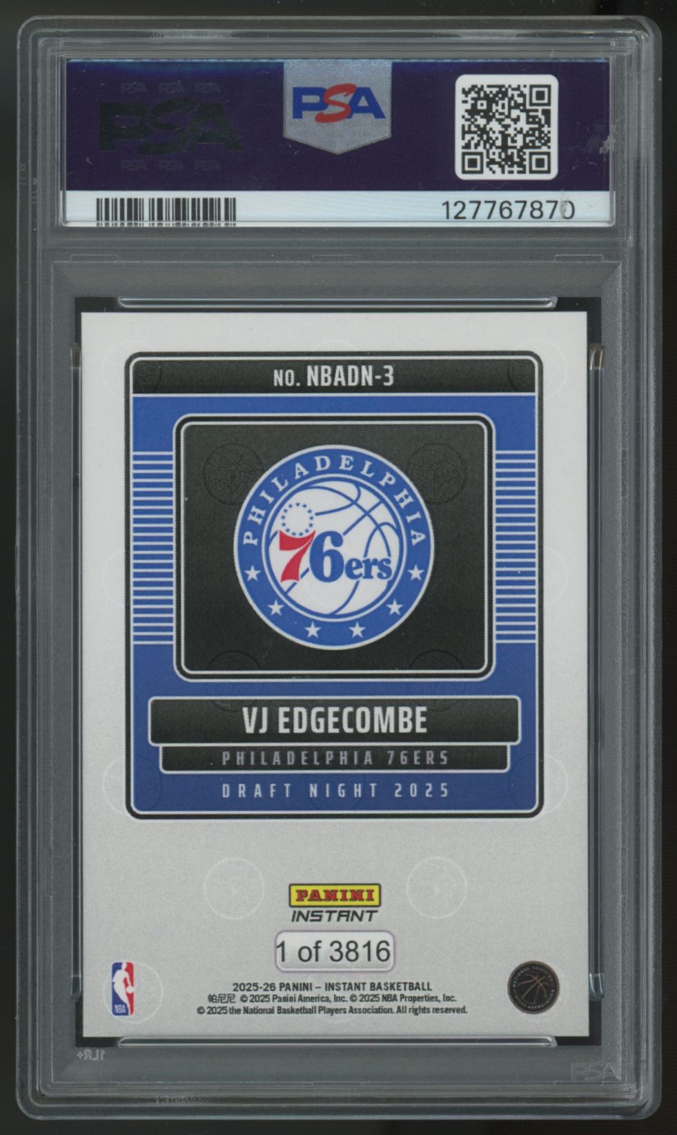 2025-26 Panini Instant NBA VJ Edgecombe RC Draft Night /3816 #3 PSA 10