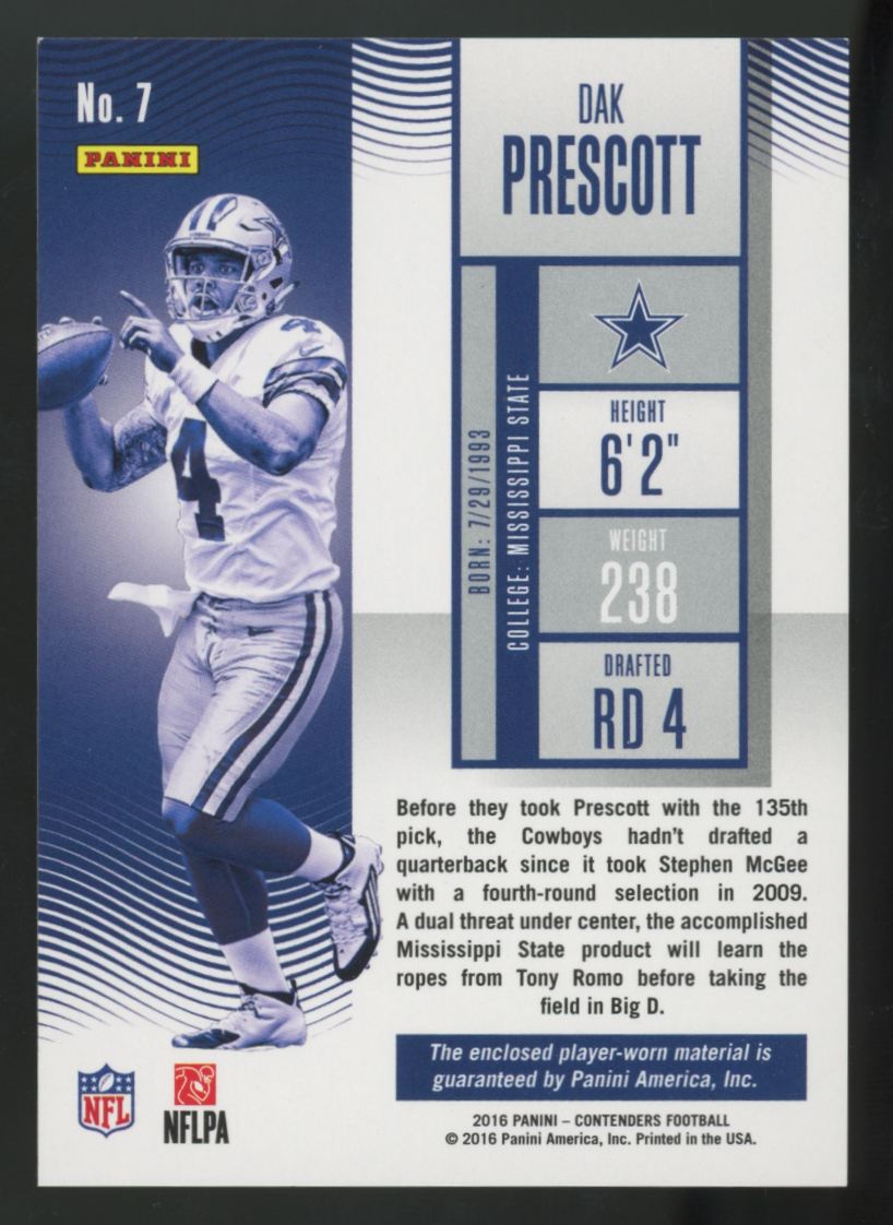 2016 Panini Contenders Dak Prescott RC Rookie Ticket Patch #7