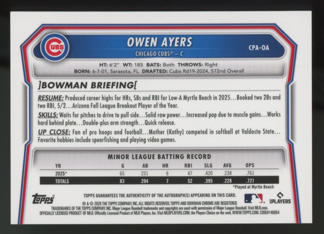 2026 Bowman Chrome Owen Ayers 1st Prospect Auto #CPA-OA