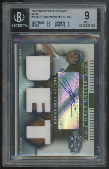 2007 Triple Threads Justin Verlander Sepia Rising Star Patch Auto /75 BGS 9 10