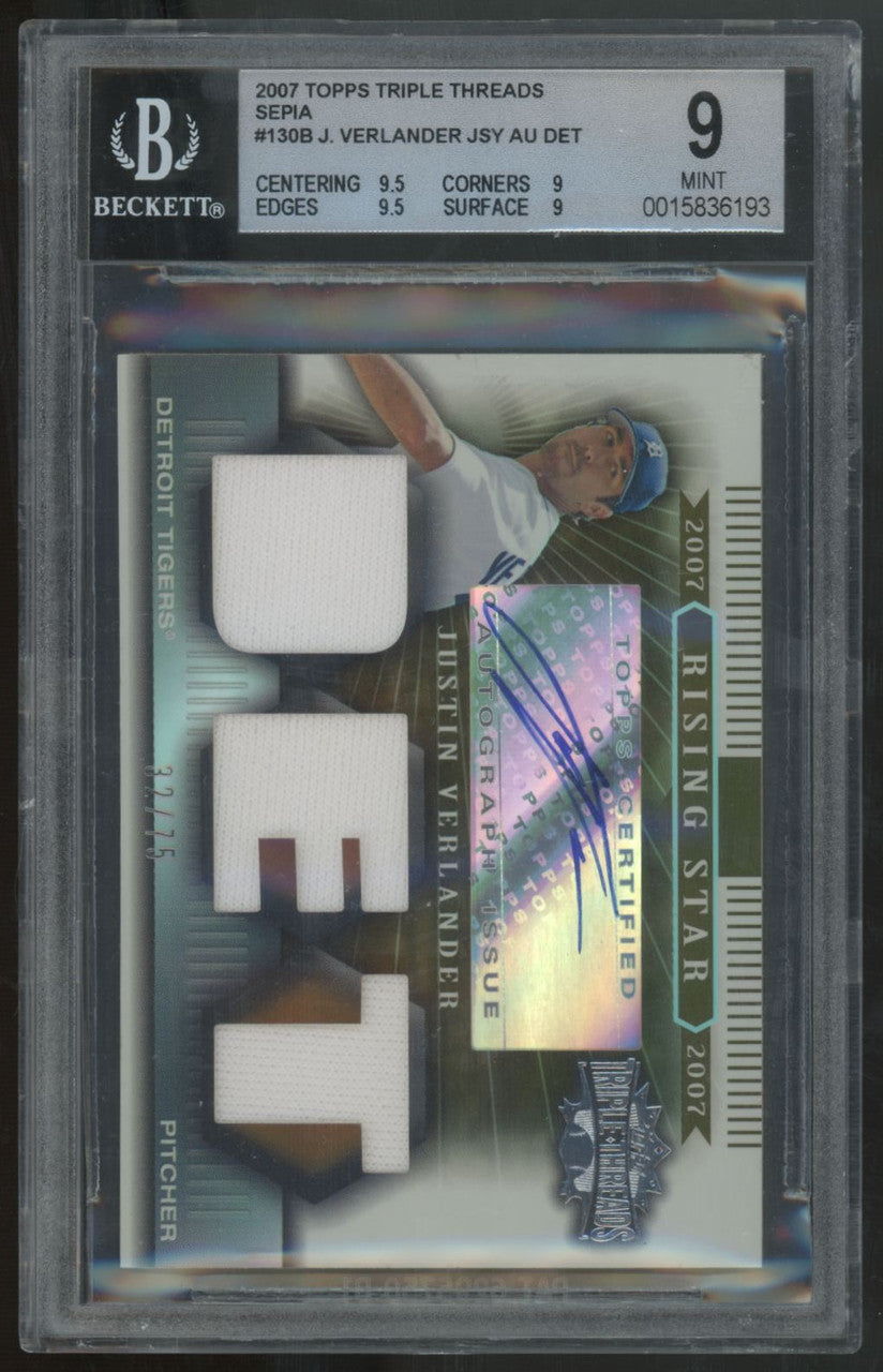2007 Triple Threads Justin Verlander Sepia Rising Star Patch Auto /75 BGS 9 10