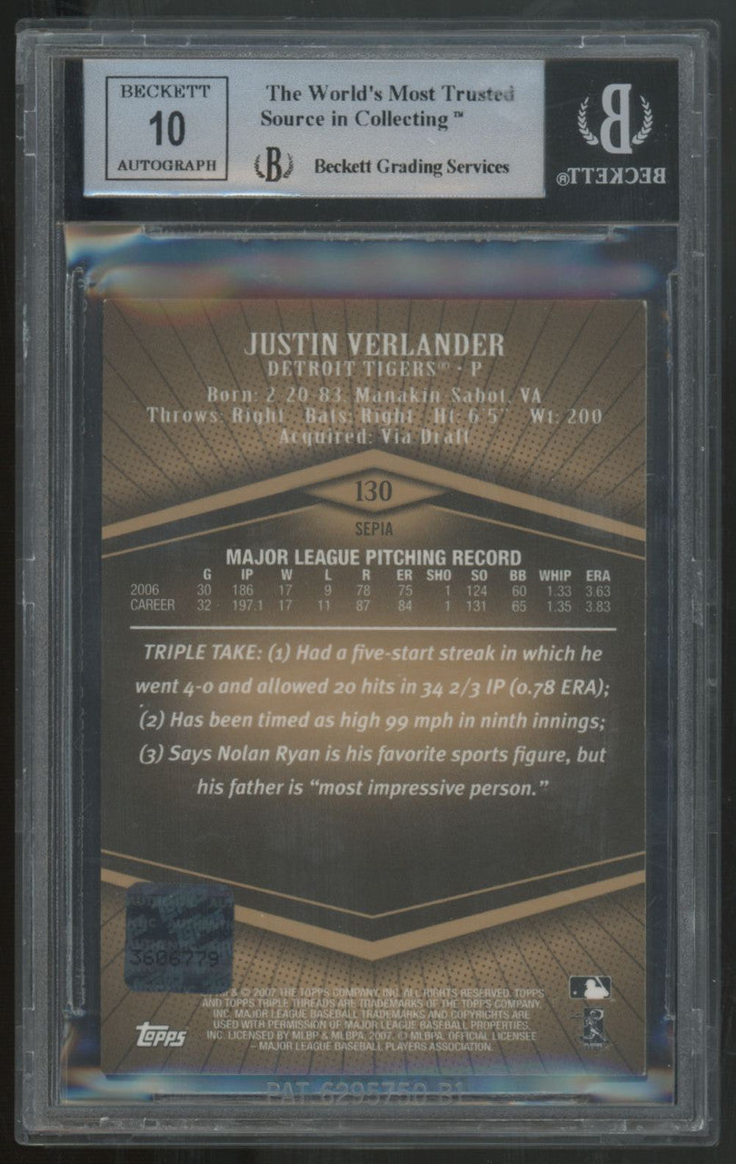 2007 Triple Threads Justin Verlander Sepia Rising Star Patch Auto /75 BGS 9 10