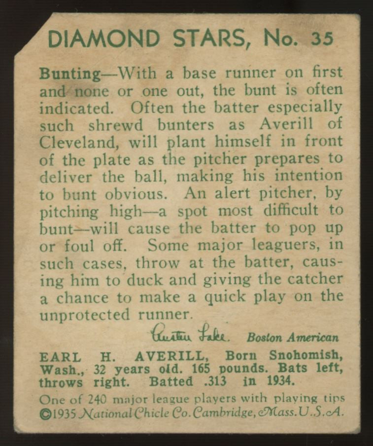 1934-36 1935 Diamond Stars Earle Averill #35 Poor "B"