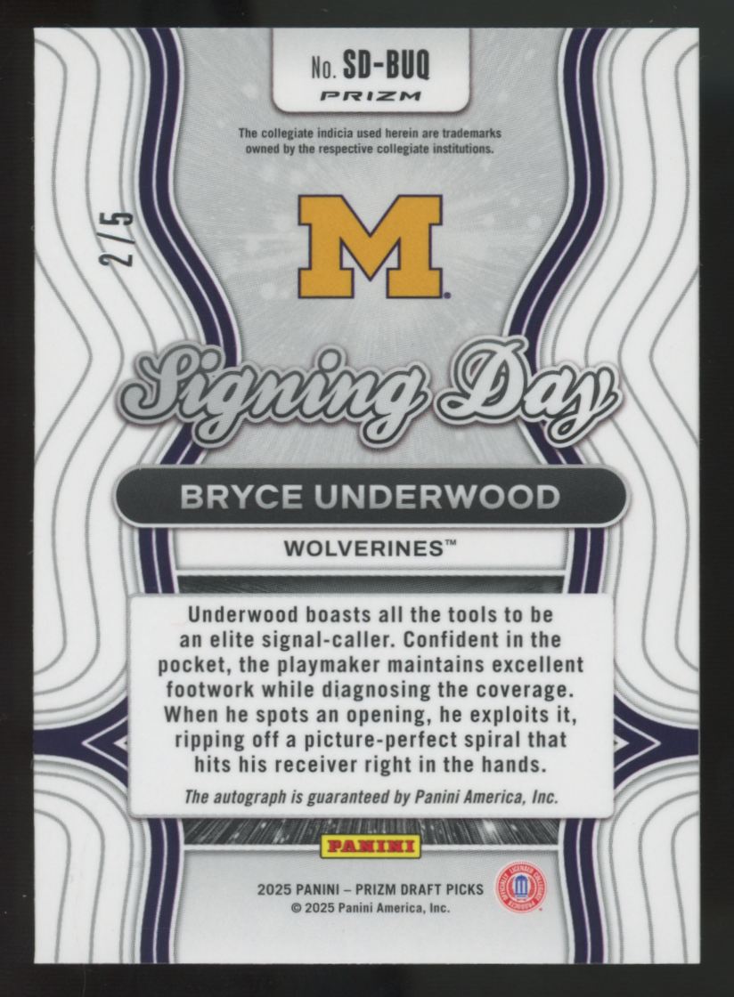 2025 Prizm Draft Bryce Underwood Rated Prospect Black/Gold Signing Day Auto /5