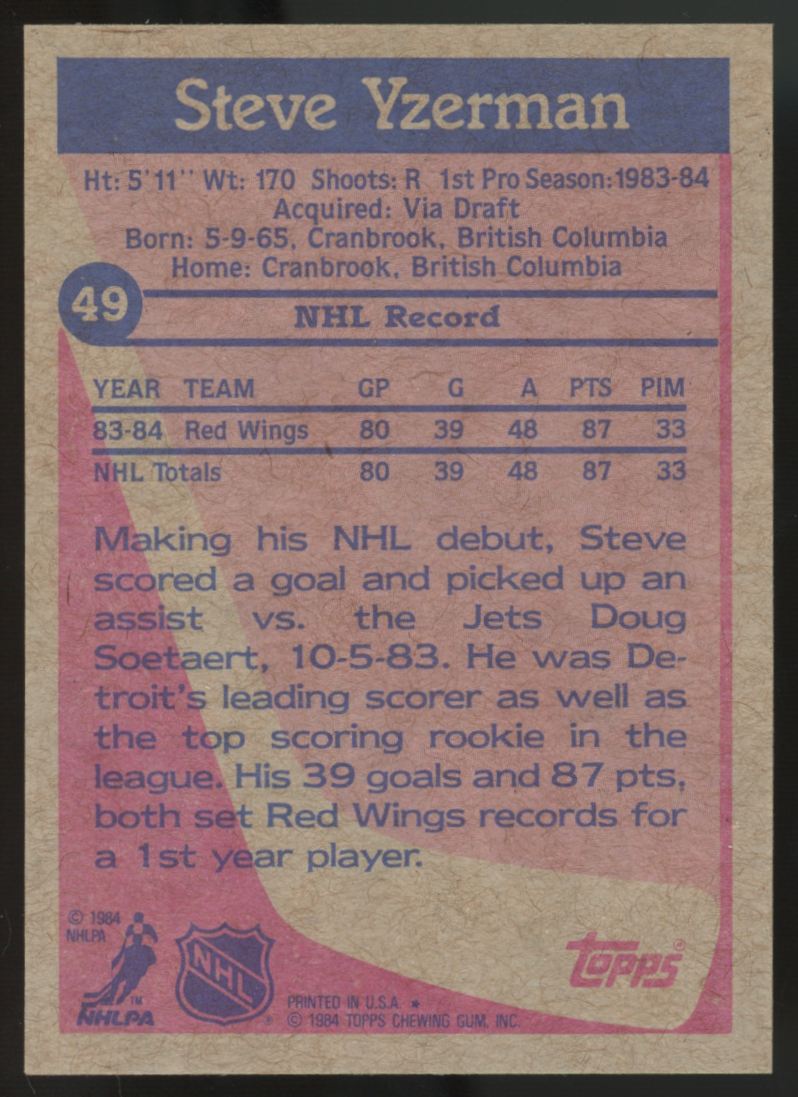 1984-85 Topps Steve Yzerman RC #49 NM "K"